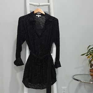 Black Sheer Velvet Zebra Print Button-Front Shirt Dress with Belt And Slip